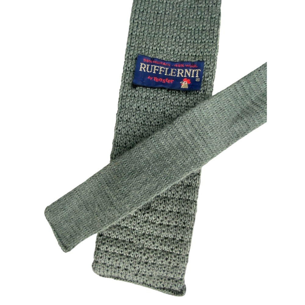 VTG Rufflernit by Rooster Mohair Wool Knit Tie Grey Sage Green Square End 51x3